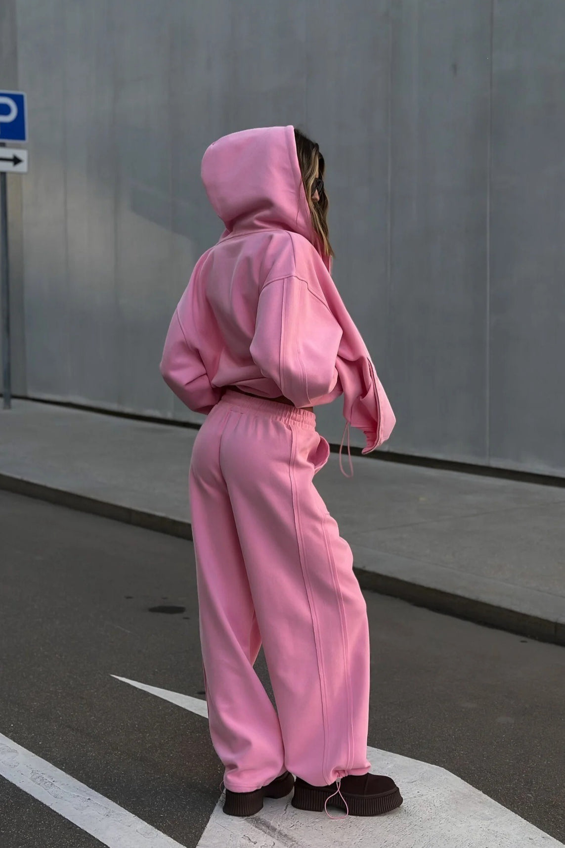 Solid Oversized Zip Front Hoodie Two Piece Set