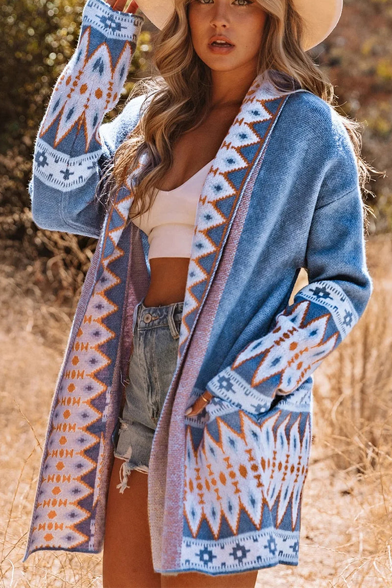 Blue Aztec Print Open Front Knitted Cardigan - Fashionpara