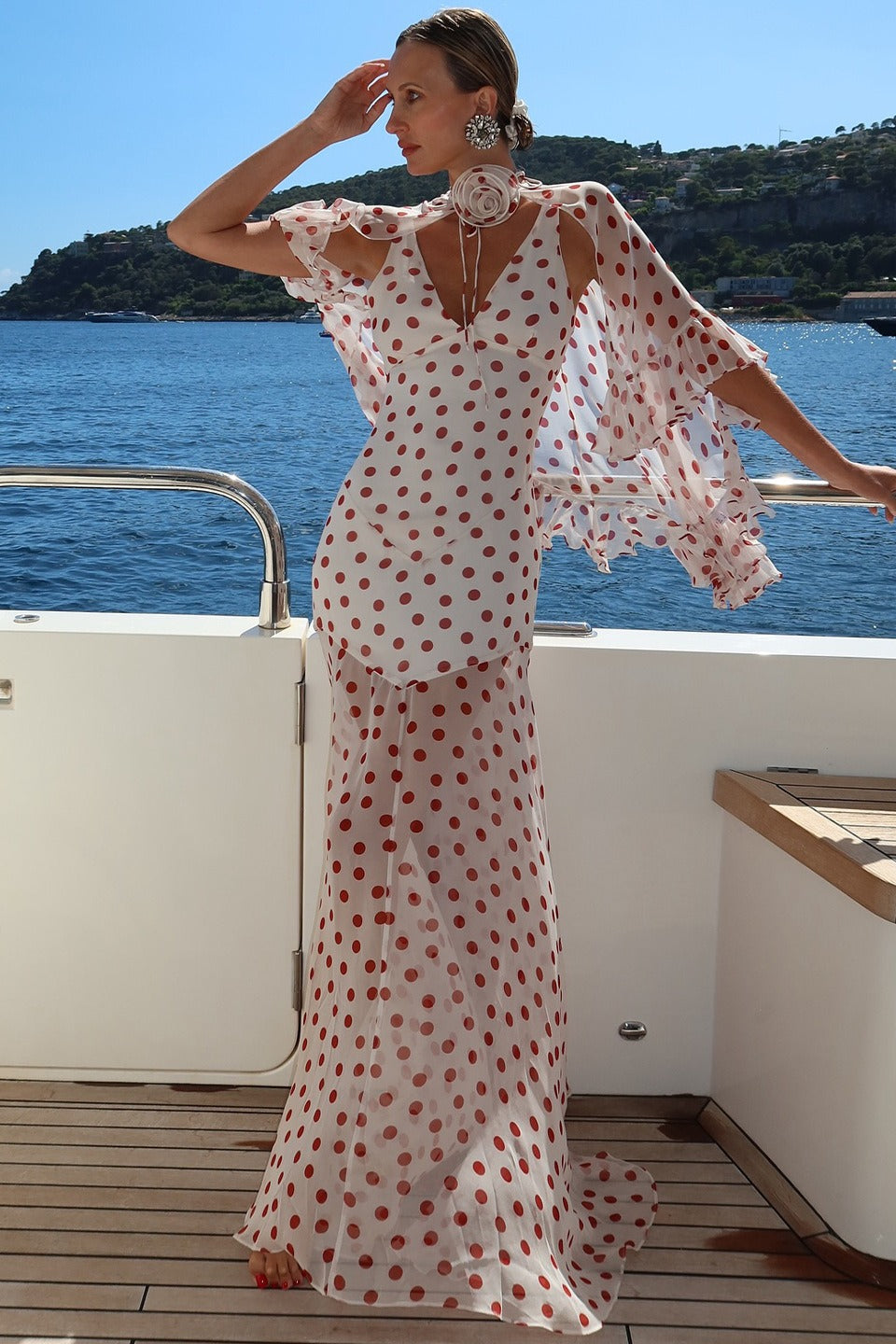 Polka Dot V-Neck Sheer Maxi Dress in White