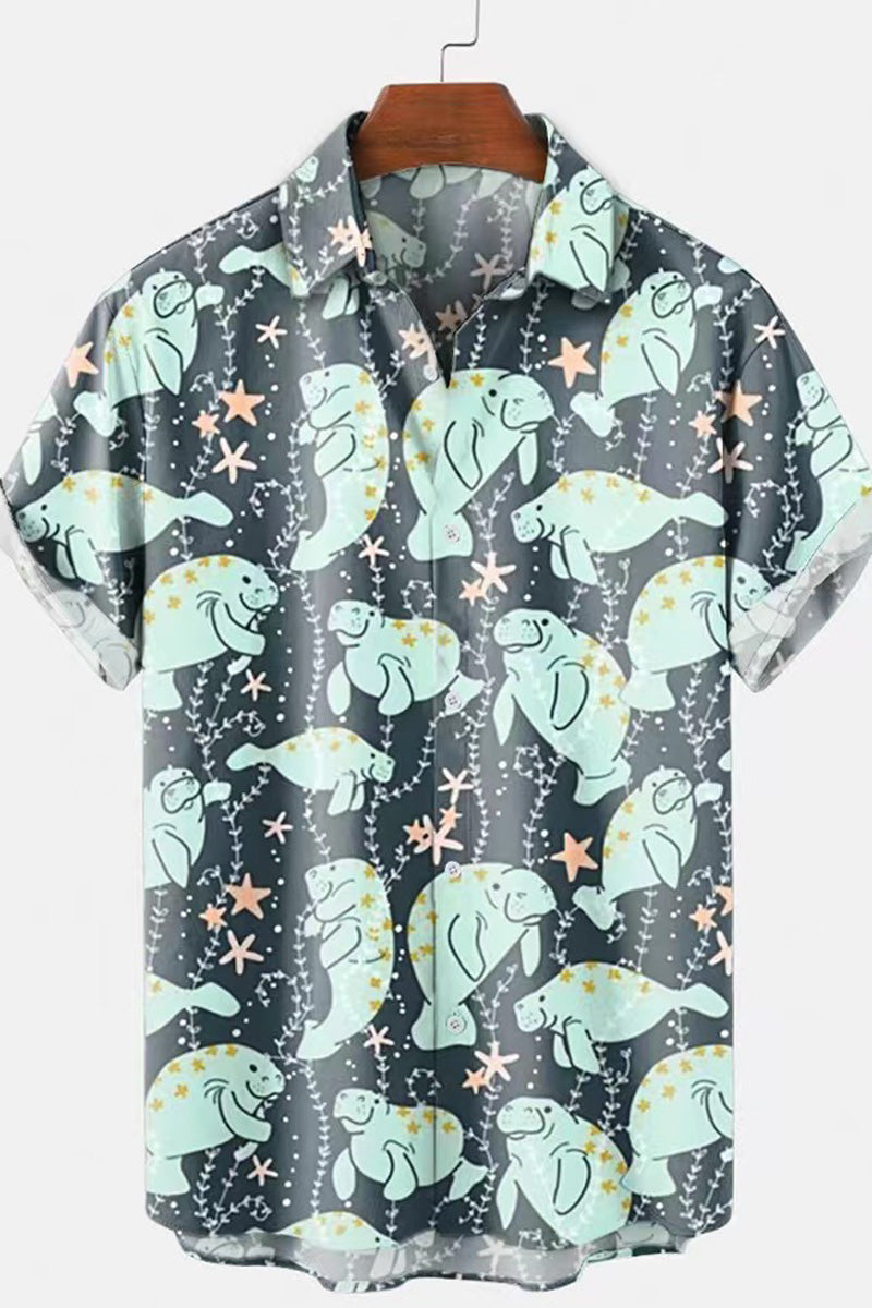 Underwater Animal Print Loose Short-Sleeved Shirt Men's Tops Fashionpara