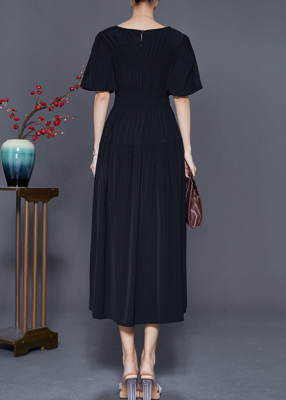 Smocked Bodice Scoop Neck Puff Sleeve Tiered A-Line Maxi Dress - View 4