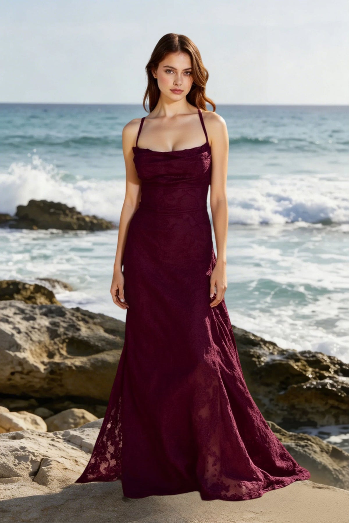 Lace Cowl Neck Strappy Back Mermaid Maxi Gown