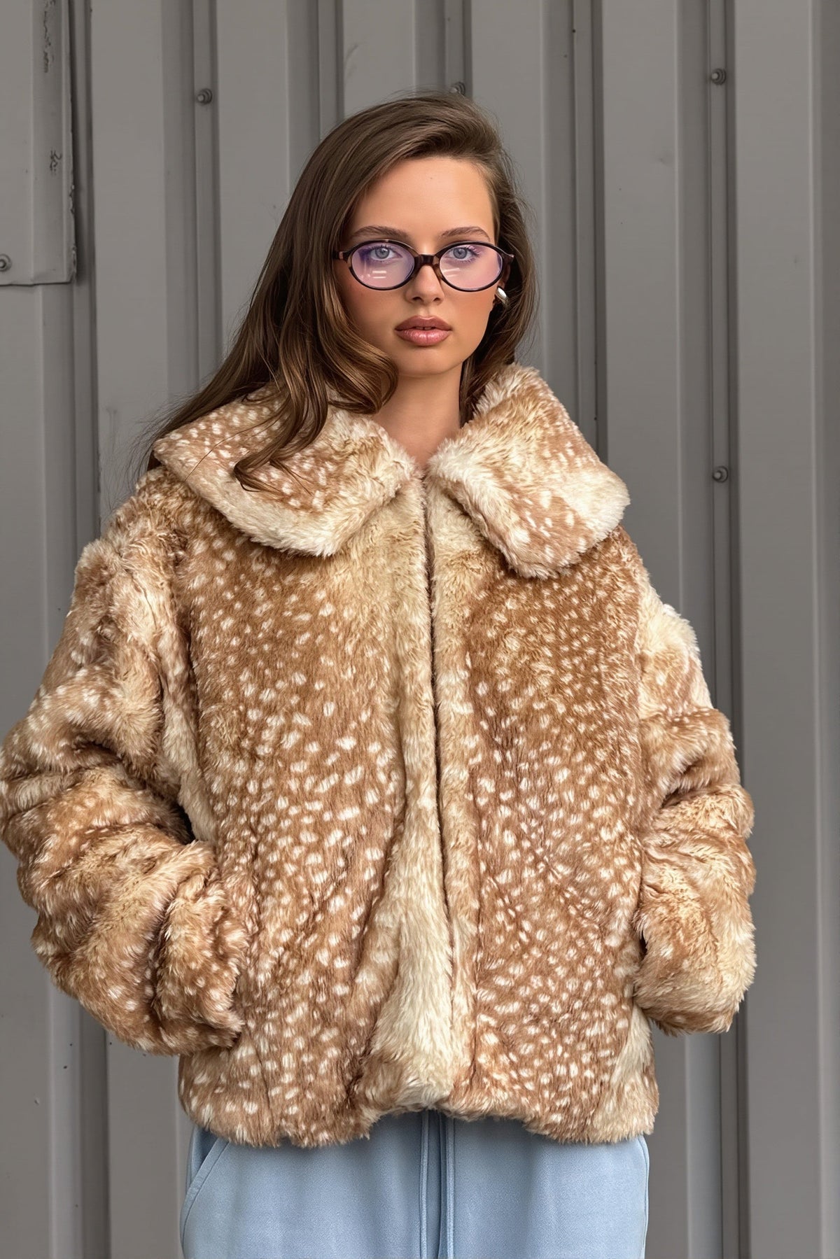 Deer Spot Rounded Collar Faux Fur Coat 3