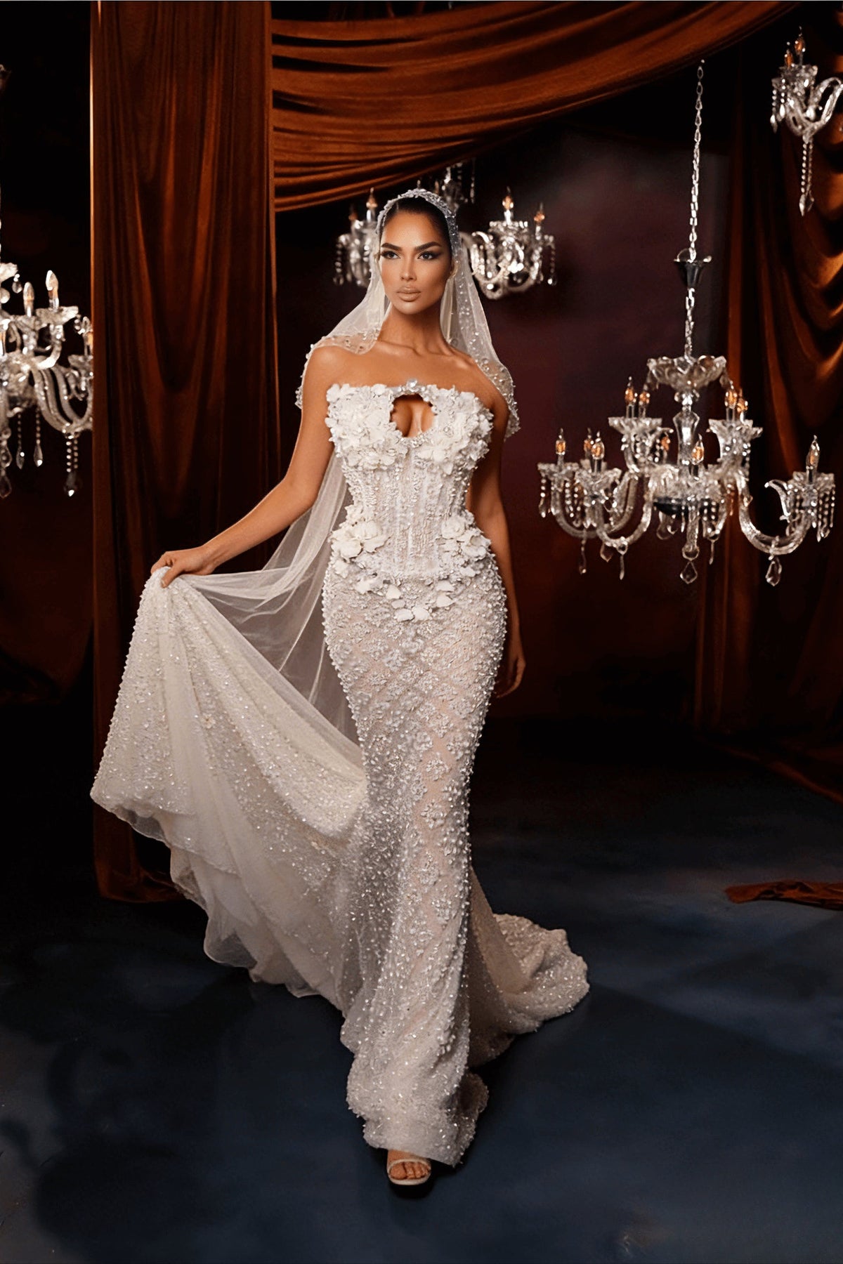 3D Floral Strapless Beaded Mermaid Bridal Gown