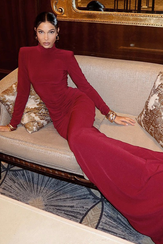 Velvet High Neck Long Sleeve Ruched Mermaid Gown 2