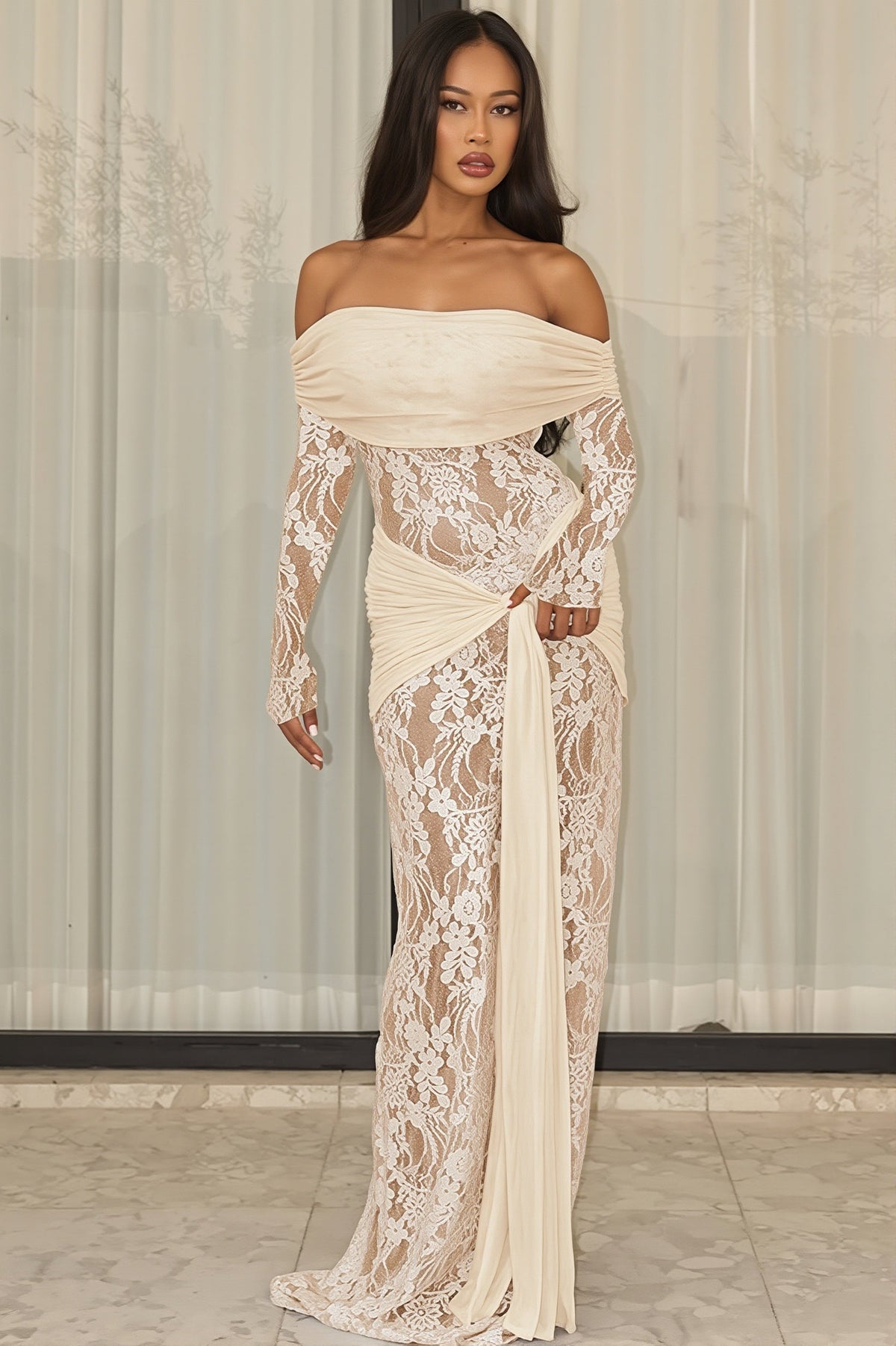 Sheer Lace Off Shoulder Long Sleeve Wrap Maxi Gown