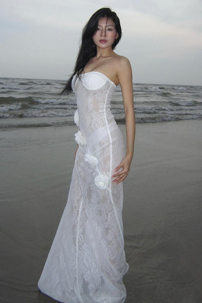 Floral Lace Strapless Sweetheart 3D Rosette Mermaid Gown