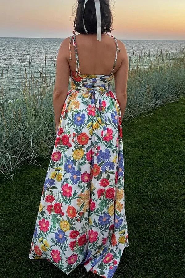 Garden Wedding Floral Print Back Tie-up Pocketed Slit Maxi Dress - Fashionpara