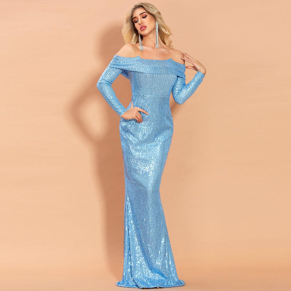 Tiffany Blue Long Sleeve Sequins Dress - Fashionpara