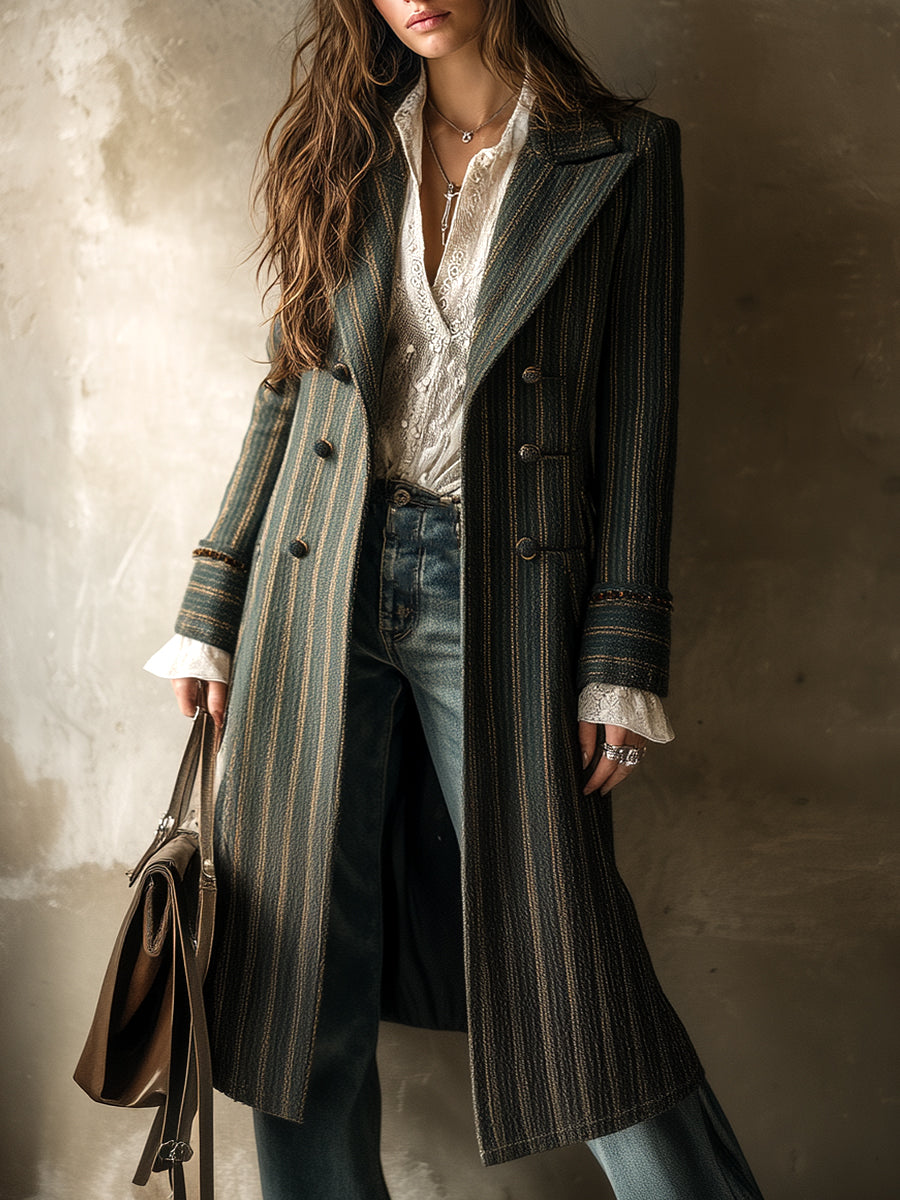 Vintage Striped Wool Double-breasted Mid-length Coat