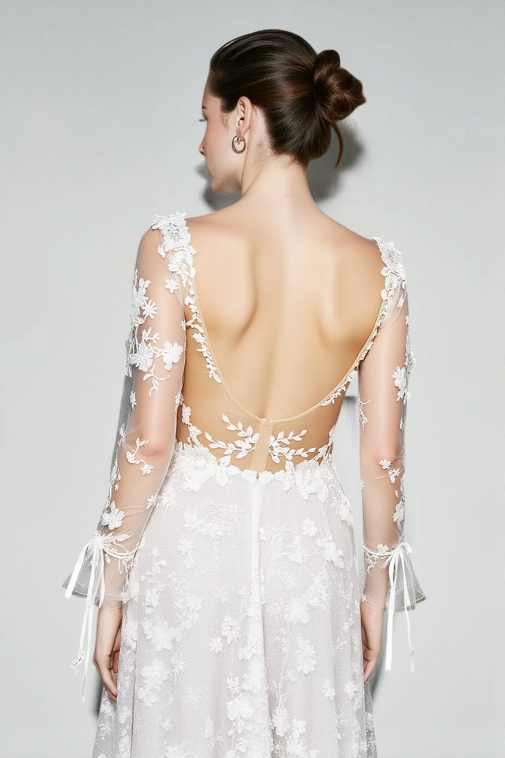 Floral Lace Deep V-Neck Long Sleeve Sheer A-Line Gown 3