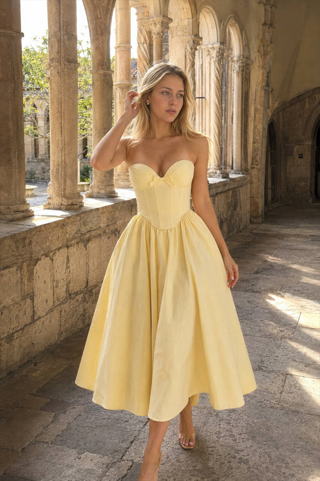 Strapless Sweetheart Bow Corset A-Line Midi Dress