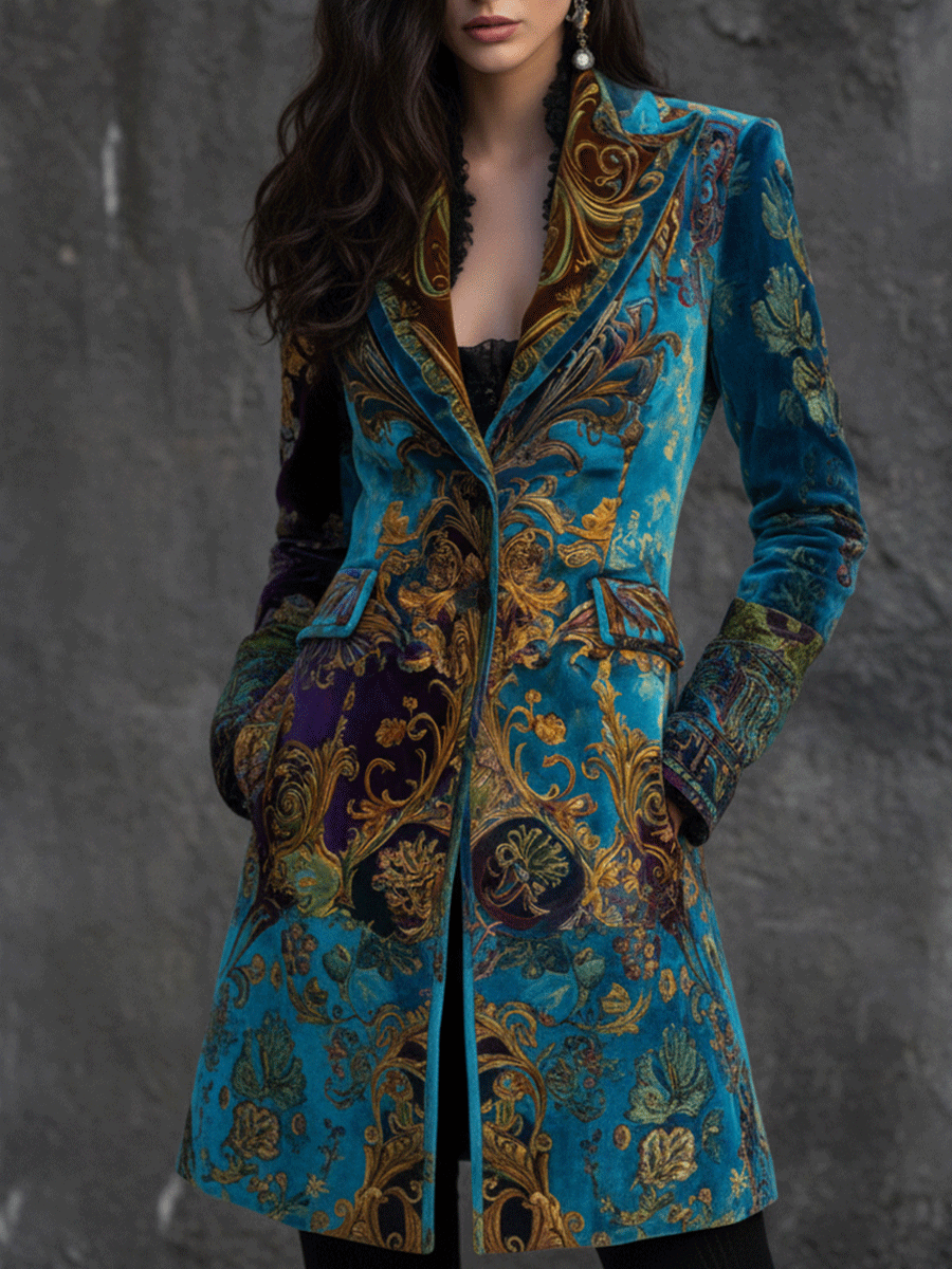 Vintage Boho Teal Baroque Velvet Coat - Fashionpara