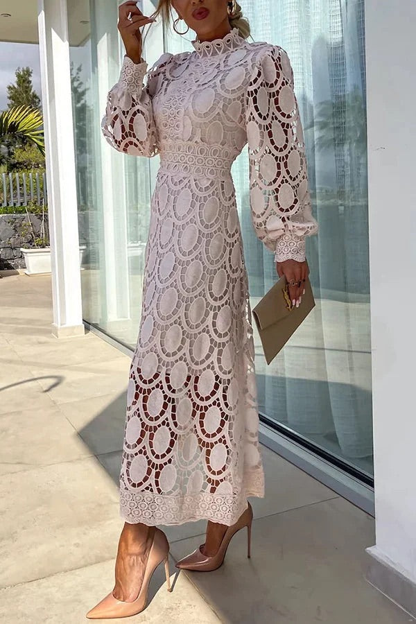 Francisca Crochet Lace Lantern Sleeve Midi Dress - View 9
