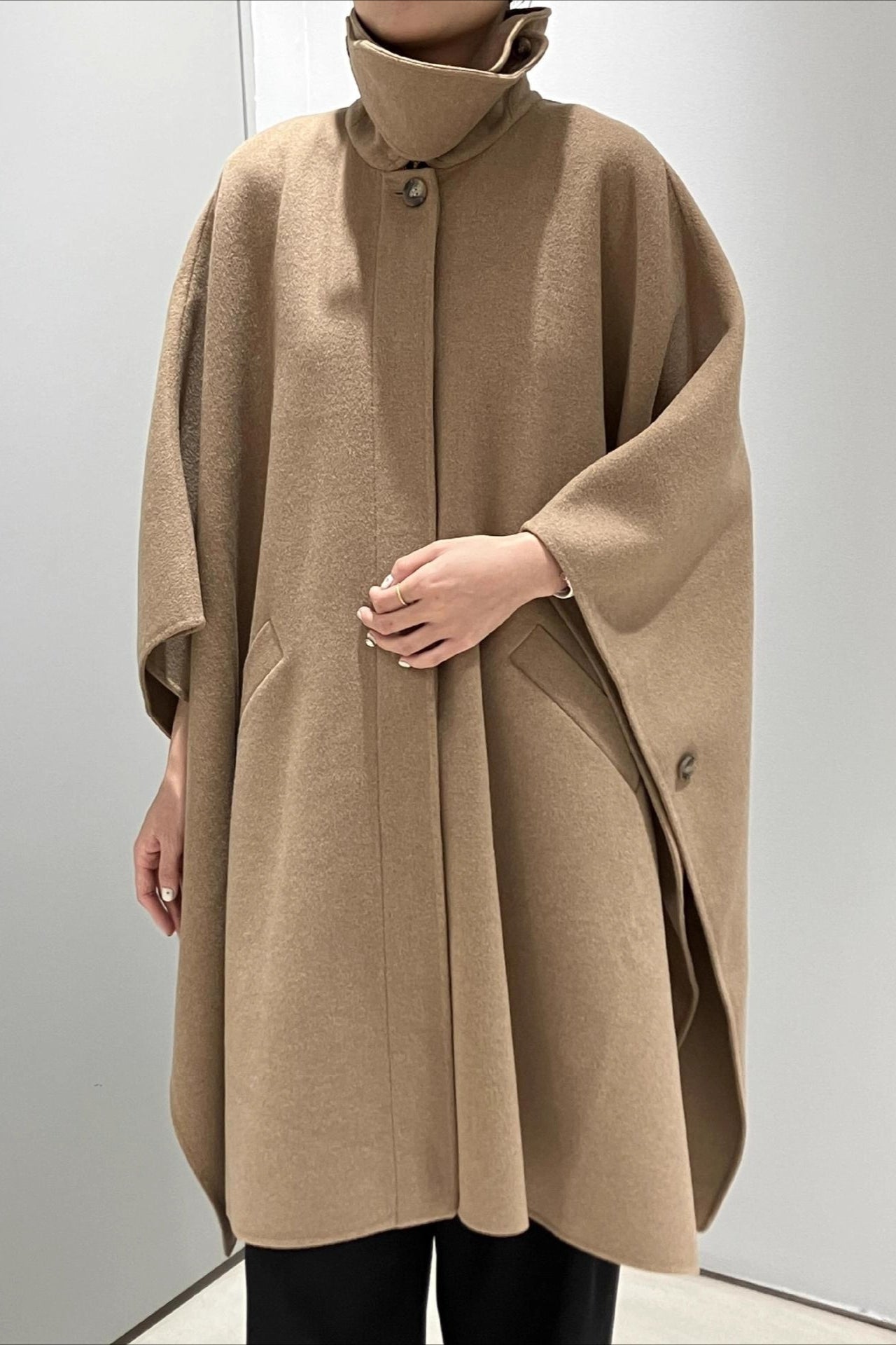 Beige Lapel Double Faced Wool Blend Cape Convertible Overcoat
