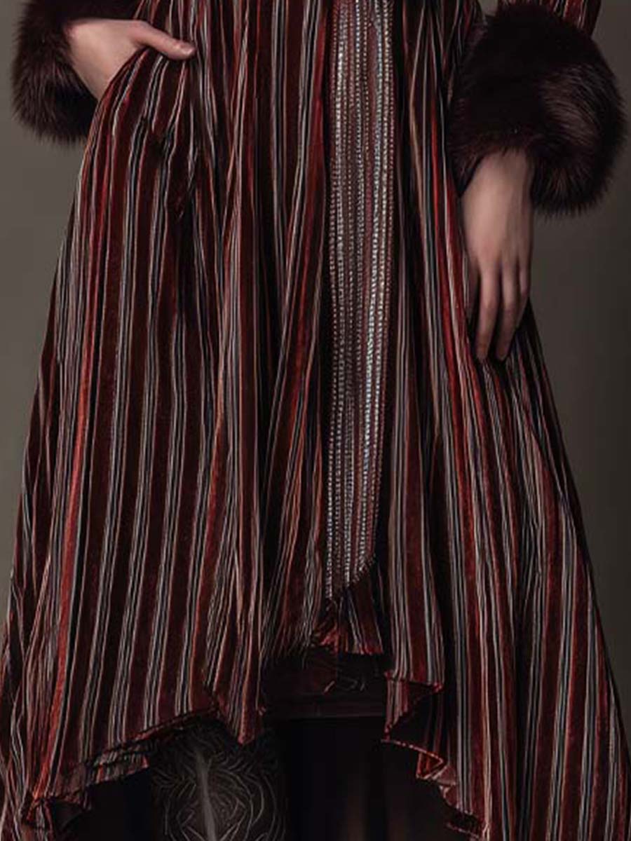 Vintage Striped Velvet Coat With Faux Fur Trim - Fashionpara