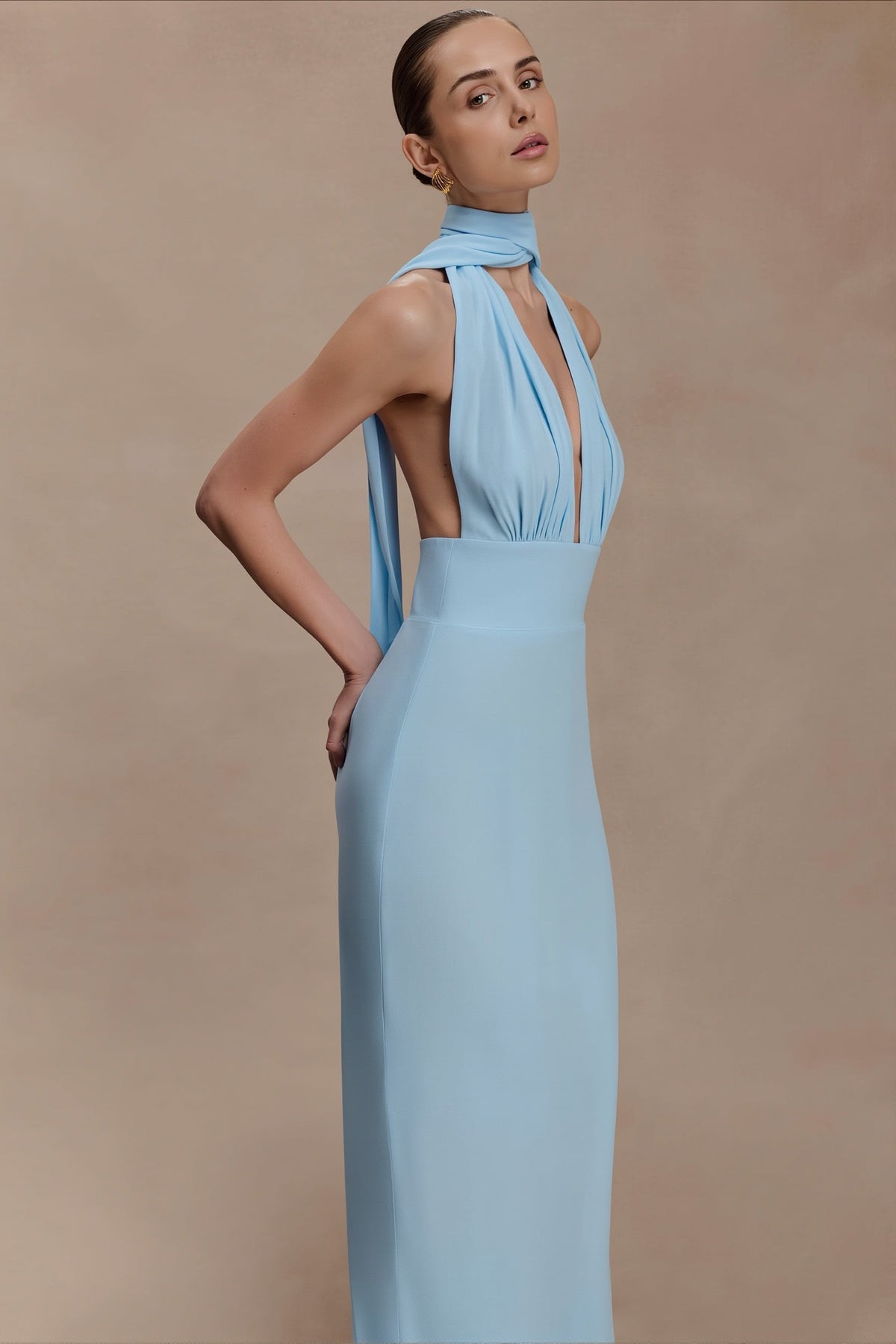 Polka Dot Satin Halter Deep V Backless Gown
