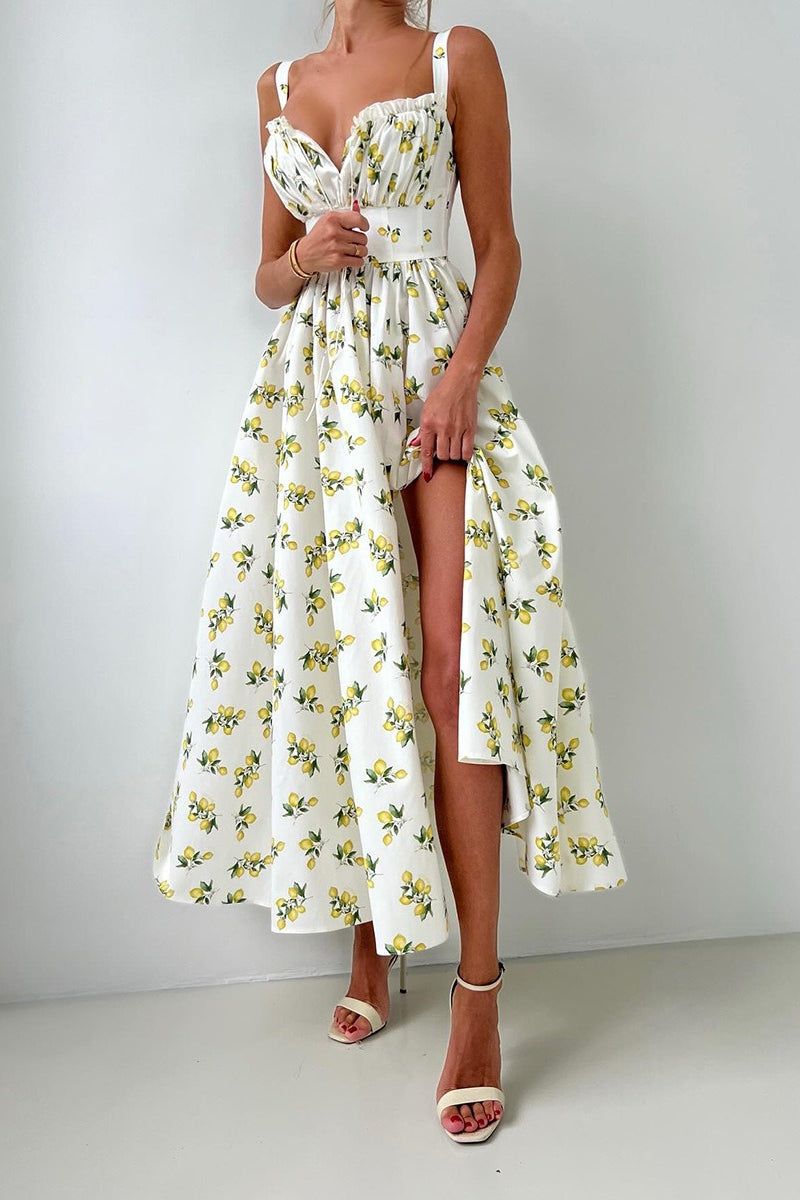 Lemon Print Off Shoulder Corset High Split Maxi Dress 3