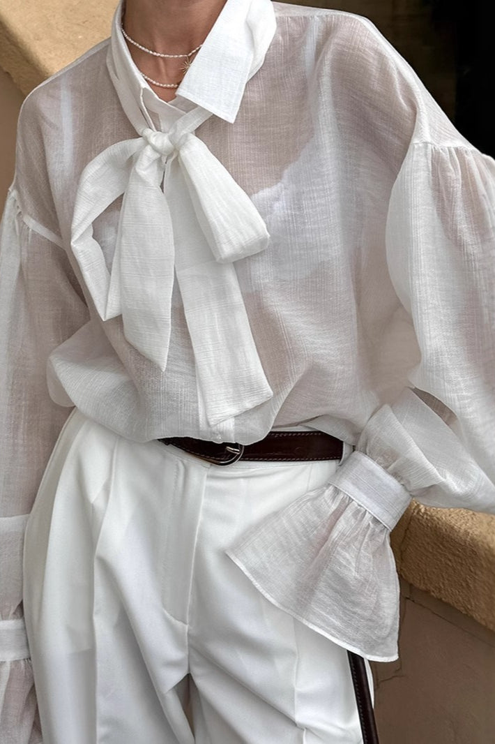 Tencel Sheer Tie Neck Blouse - Fashionpara