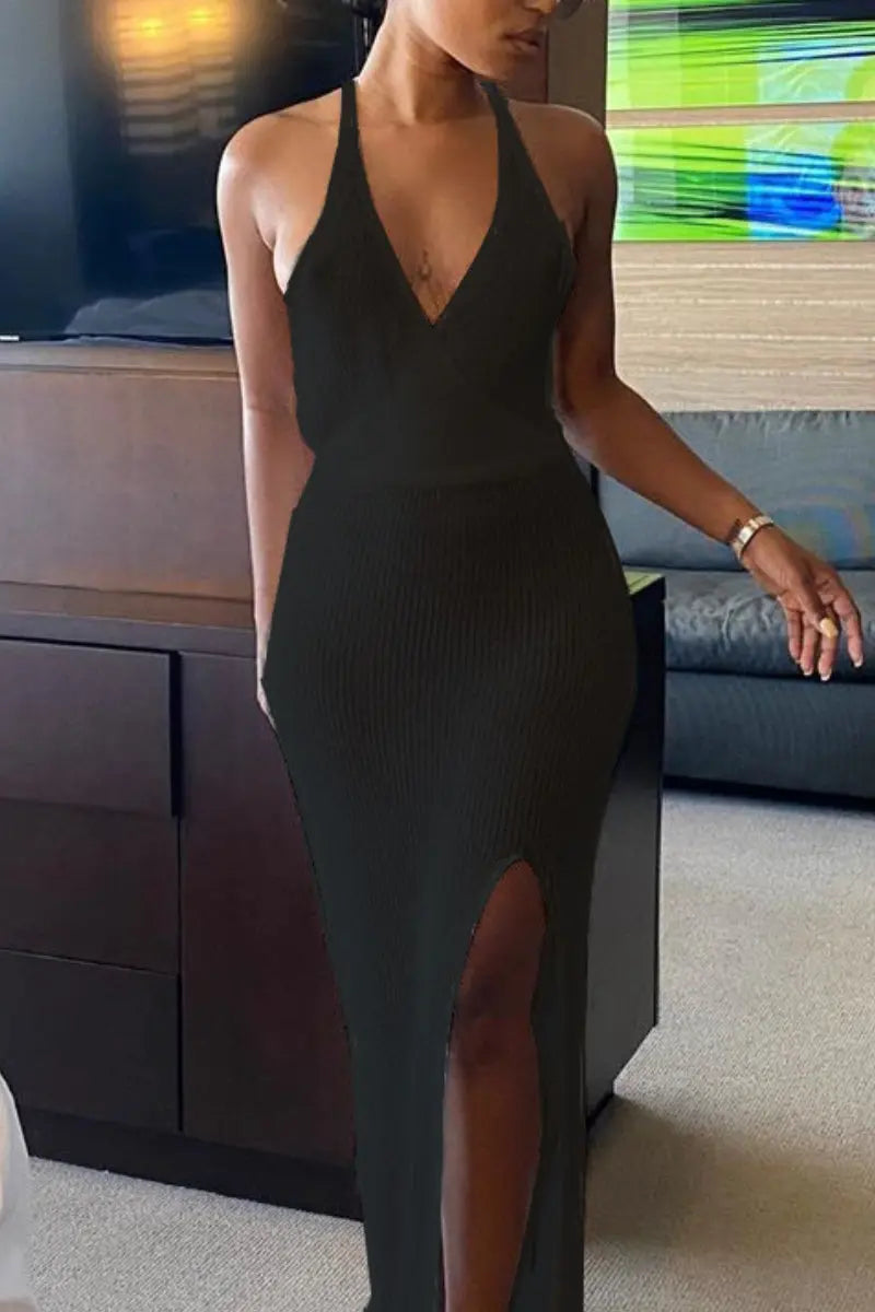 Backless High Split V Neck Knit Maxi Cover Up Fashionpara
