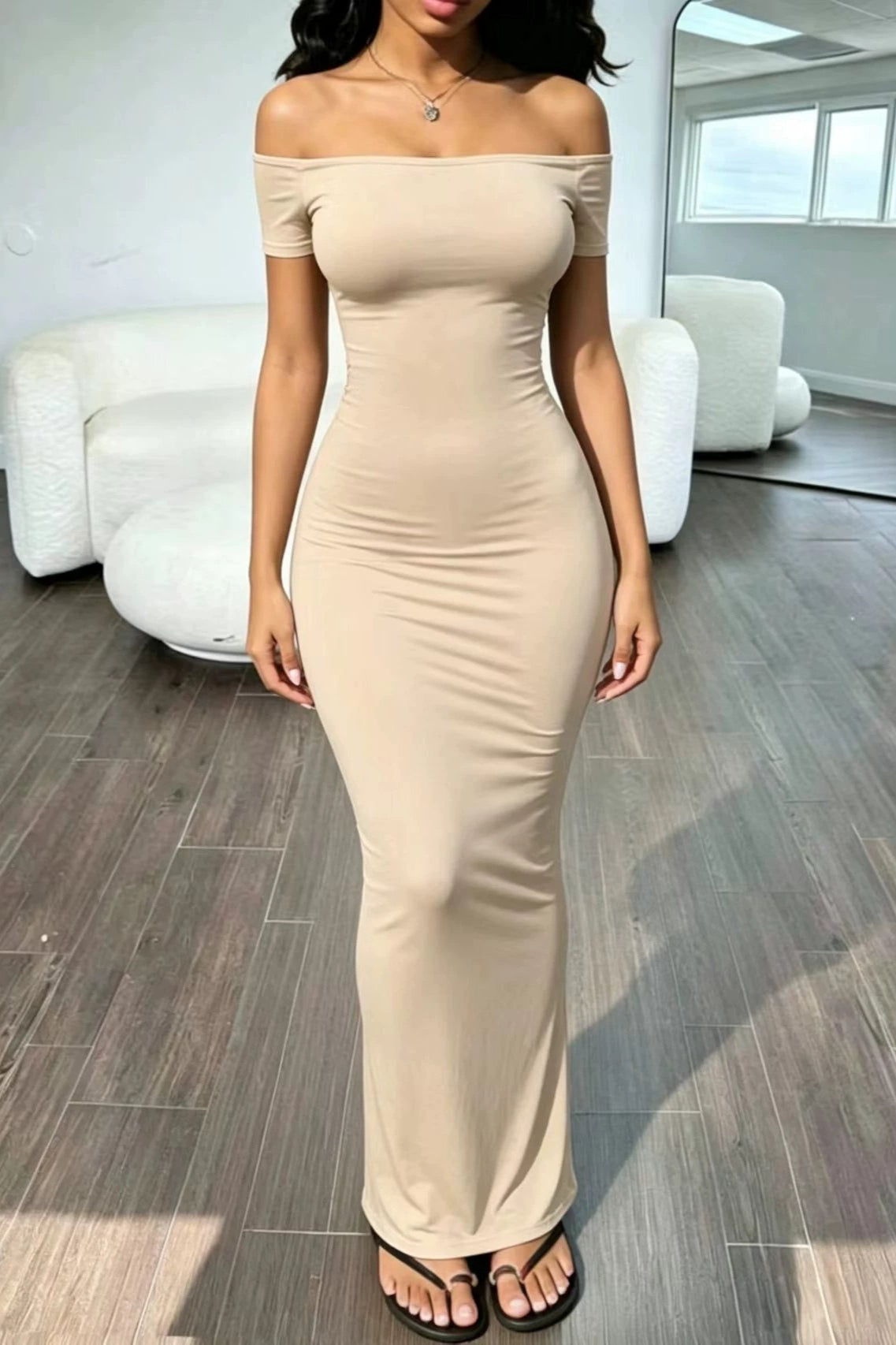 Off Shoulder Short Sleeve Bodycon Maxi Dress