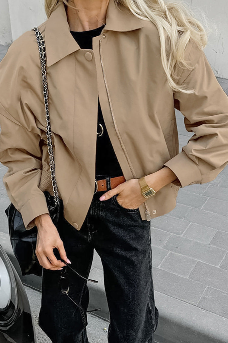 Khaki Biker Loose Fit Coat for Effortless Style and Comfort