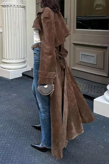Elegant Vintage Brown Belted Long Coat for Timeless Style