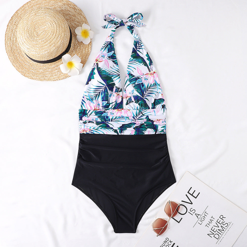 Deep V Open Back Leaf Print One-piece Swimsuit - Fashionpara