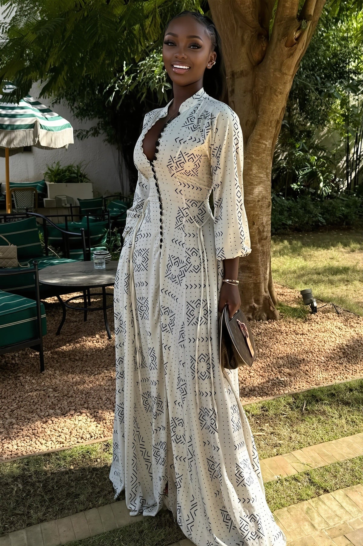 Geometric Print Button Front Long Sleeve Maxi Dress 2