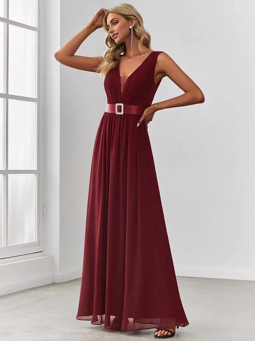 Chiffon V-Neck Sleeveless Belted Pleated A-Line Gown