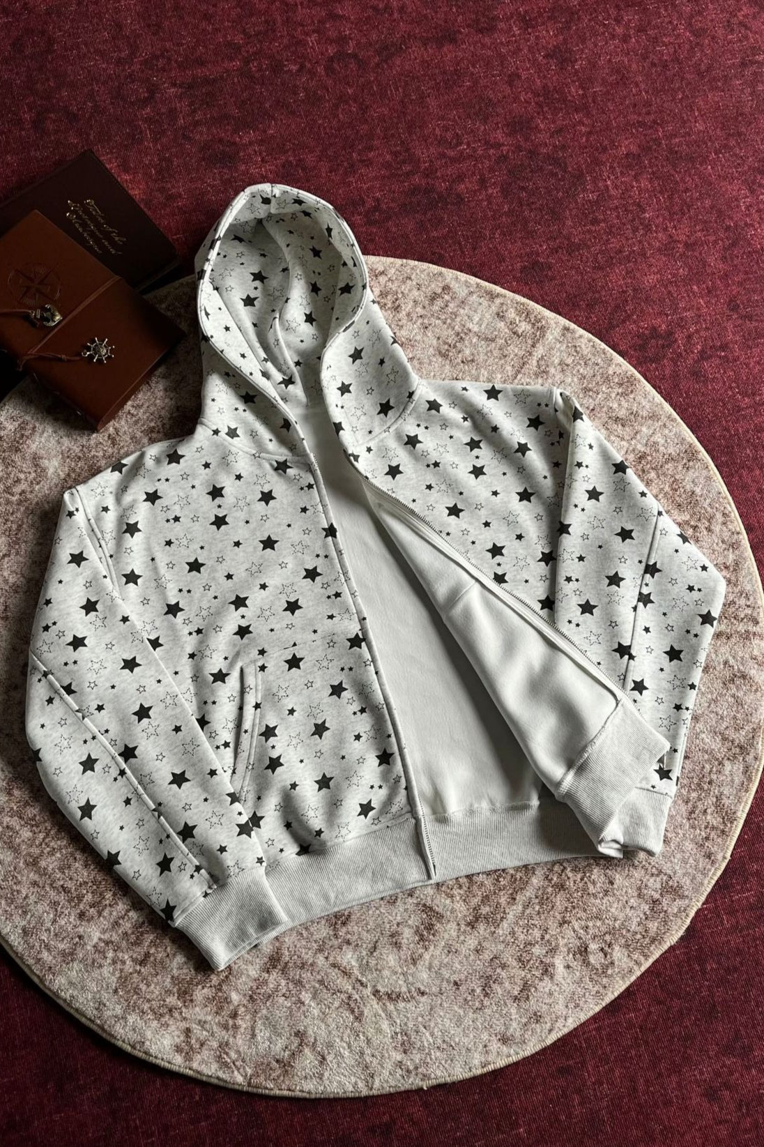 Allover Star Print Relaxed Fit Zip-Up Hoodie
