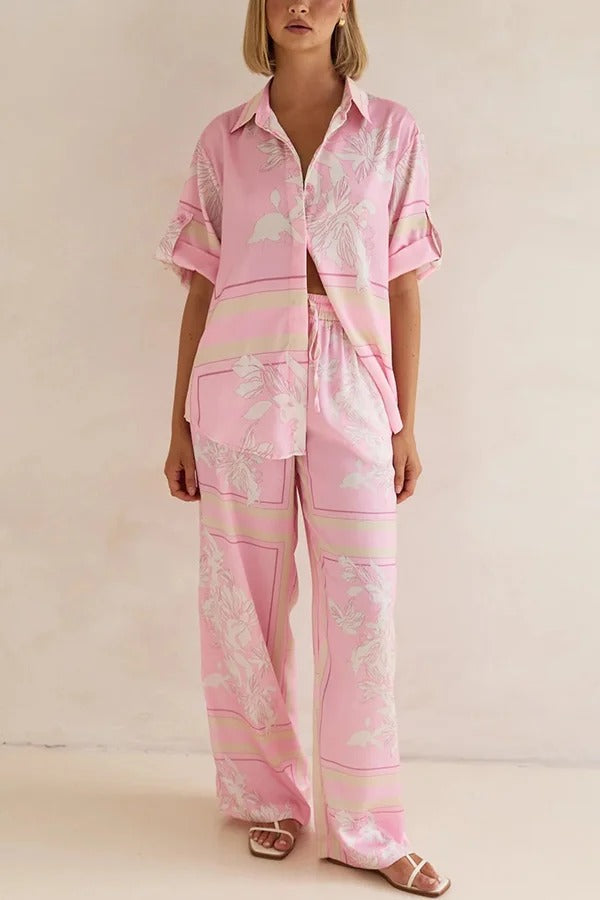 Fashionable Plant Print Loose Lapel Short Sleeve Shirt and Casual Elastic Waist Pocket Pants Set - Fashionpara