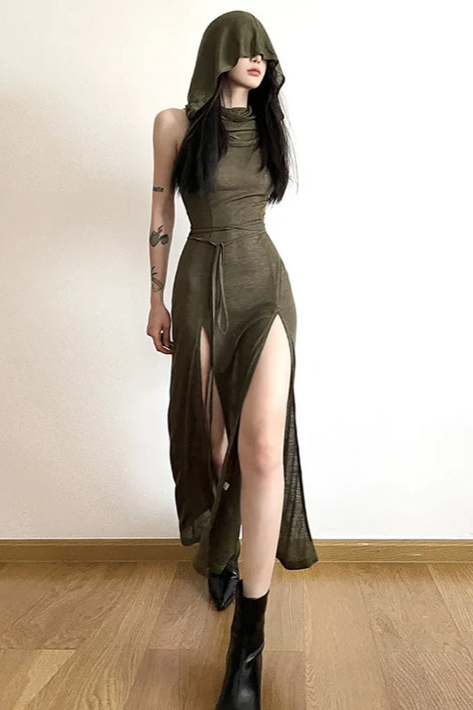 Jersey Hooded Sleeveless High-Slit Maxi Dress