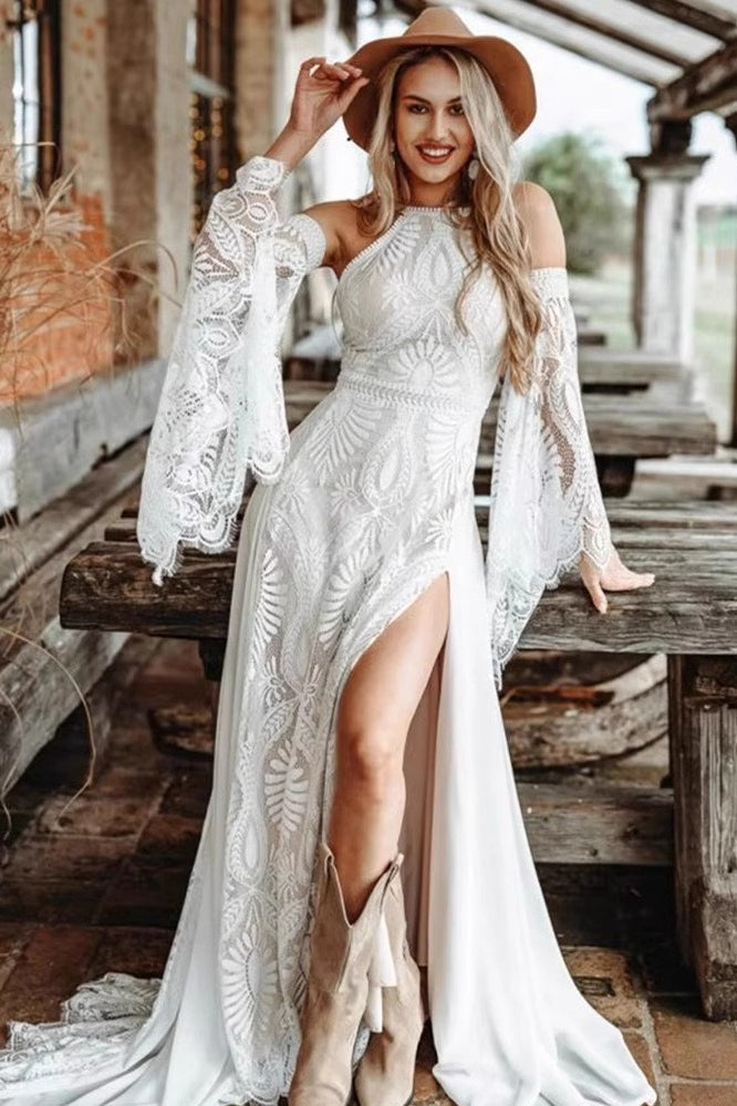 Lace Halter Neck Bell Sleeve High Split Boho Bridal Gown