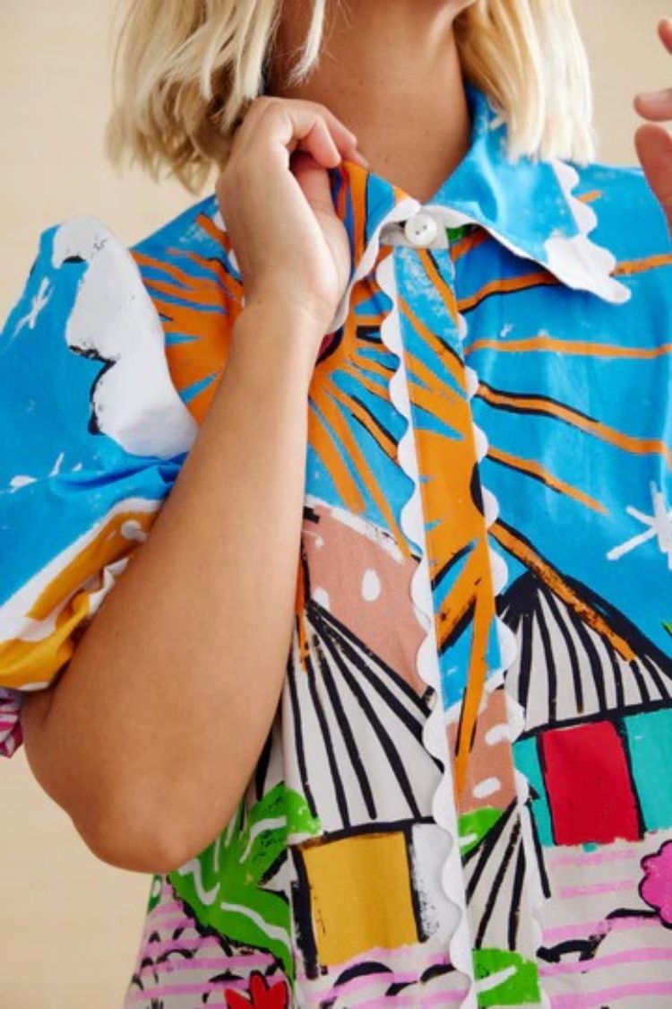 Daliah Unique Printed Wave Lace Puff Sleeves Loose Pocket Maxi Dress - Fashionpara