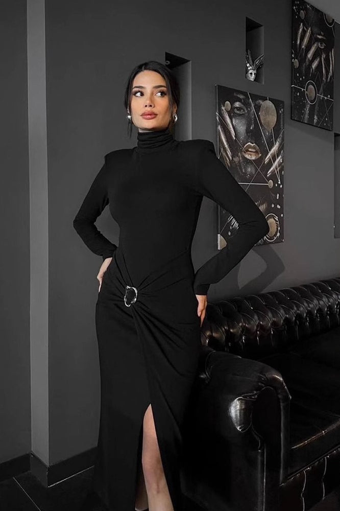 High Neck Ruched Split Midi Dress