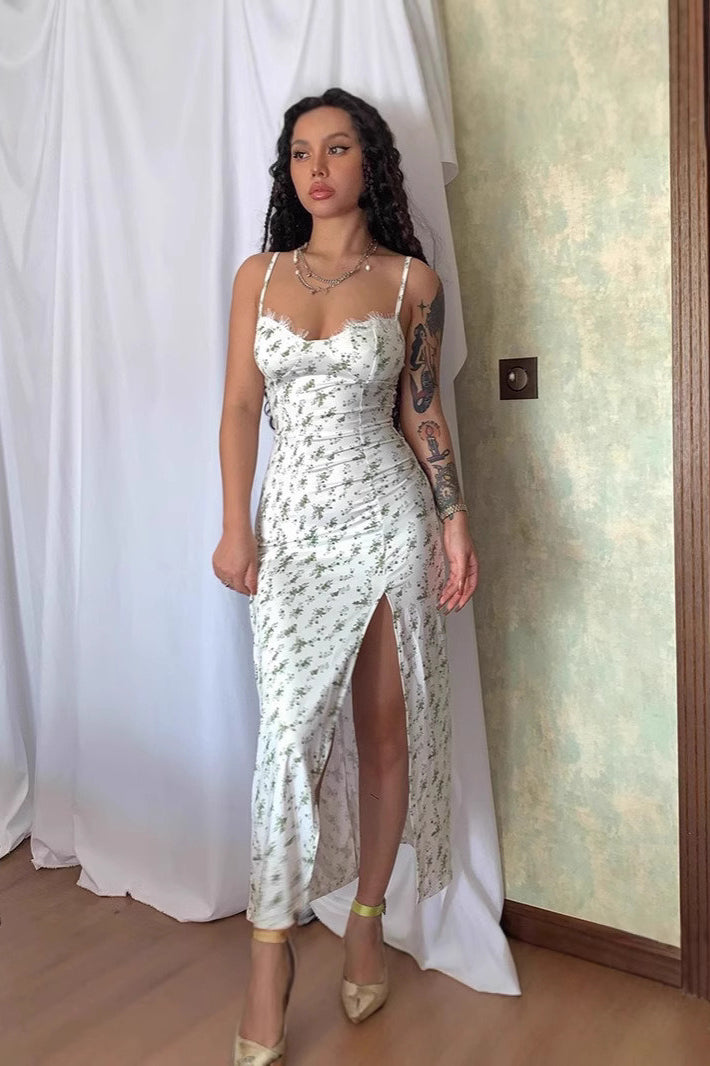 Floral Print Sweetheart Thigh-Split Satin Maxi Dress