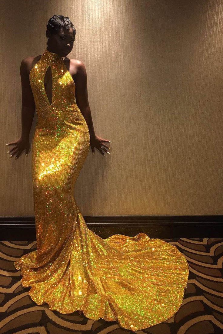 Amazing Mermaid Gold Key Hole High Neck Backless African American Long 2023 Prom Dresses - Fashionpara