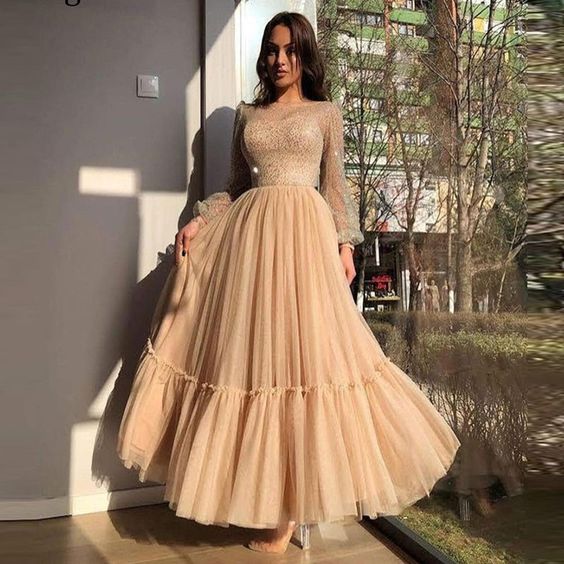 Sexy Shiny Long Sleeve Champagne A Line Elegant Tulle Prom Dress Sheer Scoop Neck Ankle Length Formal Evening Dress - Fashionpara