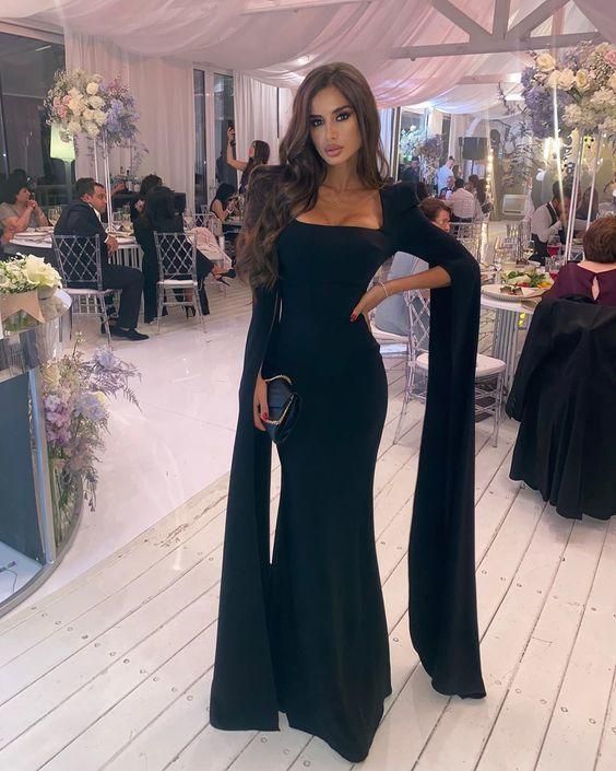Black Simple Mermaid Floor Length Prom Dress With Long Sleeves - Fashionpara
