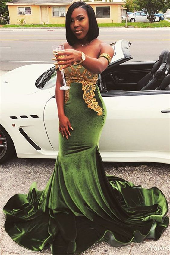 Chic Off-the-Shoulder Lace Appliques Sweep Train Sexy Mermaid Prom Dresses - Fashionpara