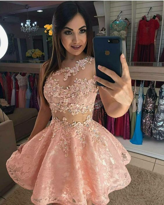 Pink lace short homecoming dress - Fashionpara