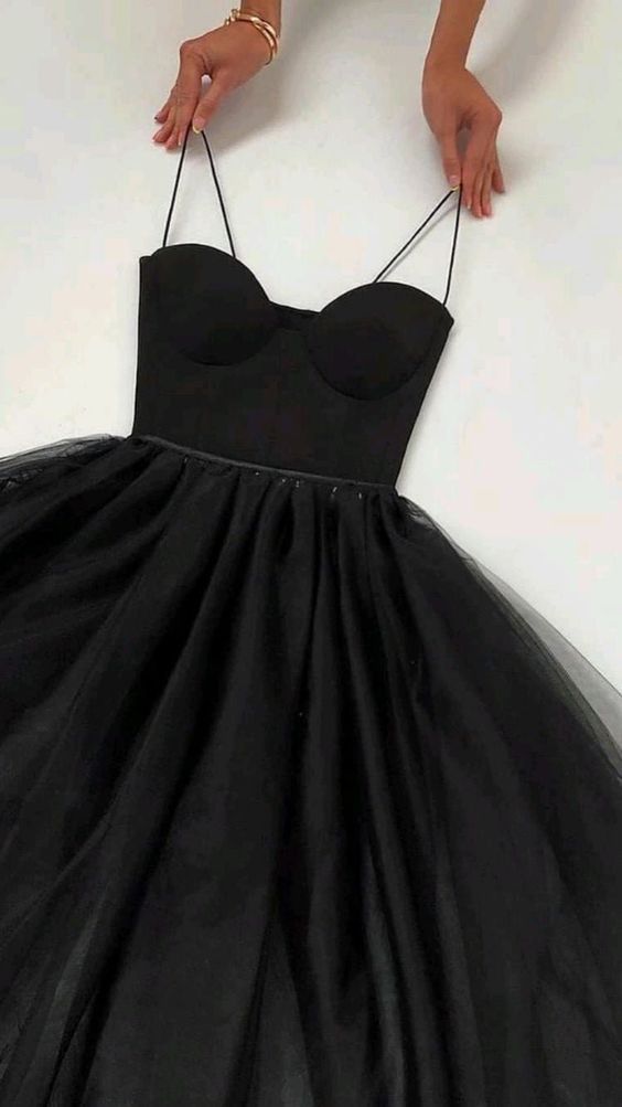Spaghetti Straps Black Tulle Prom Dress Tulle Party Dress - Fashionpara