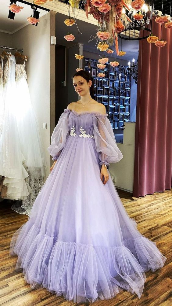 Amazing Off-the-shoulder Long Sleeves Beaded Appliqued Slit Tulle Prom Dresses - Fashionpara