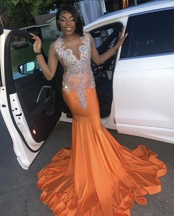 Stunning and Elegant Princess Party Wear Gown Orange Prom Dresses - Fashionpara