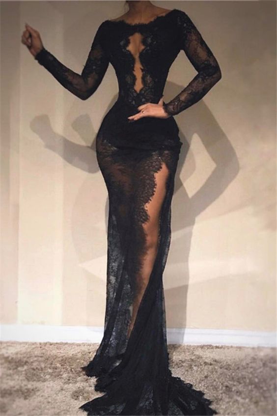 Black Sheath Lace Evening Dresses - Fashionpara