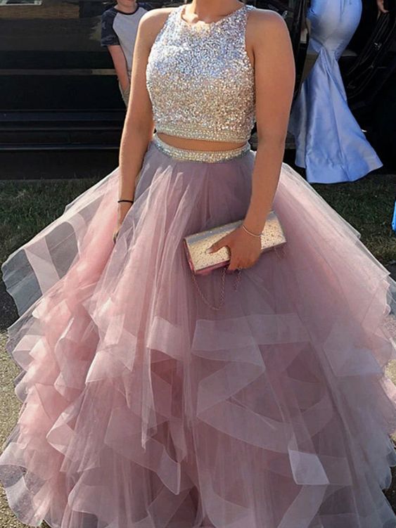 sparkly sequins beaded organza layered ball gowns prom dresses - Fashionpara