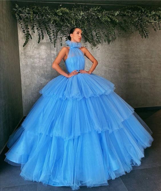 Princess Blue Prom Ball Gown Dresses with Layers Tulle Skirt - Fashionpara