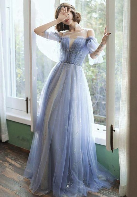 Blue tulle long prom dress blue evening dress - Fashionpara