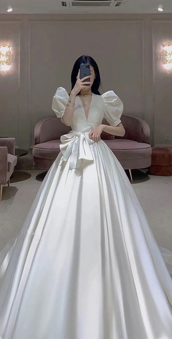V Neck Puff Sleeves Newest Wedding Dresses, Luxury A Line Bridal Gowns Prom Dress